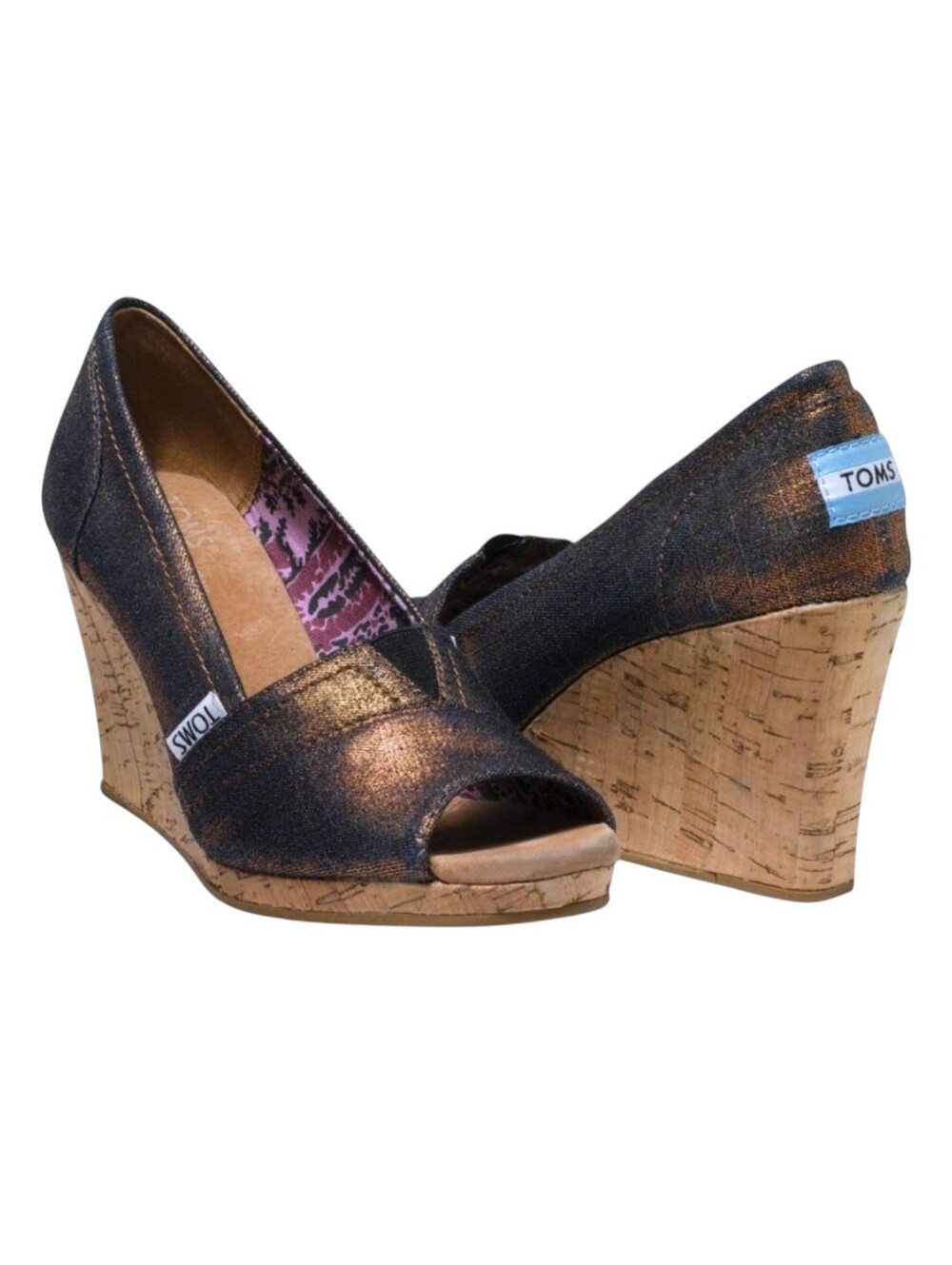 Toms Shiny Copper & Blue Calypso Wedge Heels - Size 8 Womens - Metallic Azar